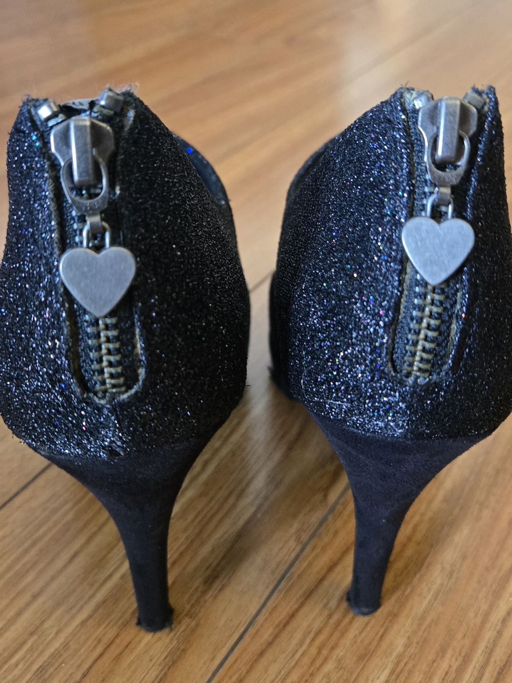 Call It Spring Black Glitter Heart Zipper Stiletto Heels